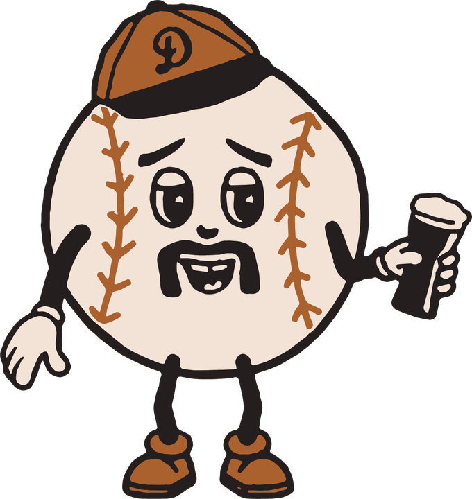 Dinger, the Home Run Dugout mascot, raising a cold one